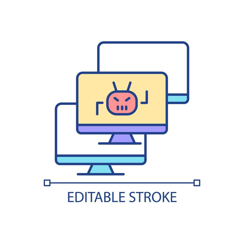 Botnet RGB color icon. Internet connected devices. Huge hacker attack. DDoS cyberattack. Infected computers. Isolated vector illustration. Simple filled line drawing. Editable stroke. Arial font used