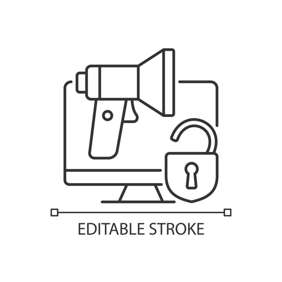 Doxing linear icon. Revealing personal private information. Social engineering. Thin line customizable illustration. Contour symbol. Vector isolated outline drawing. Editable stroke. Arial font used