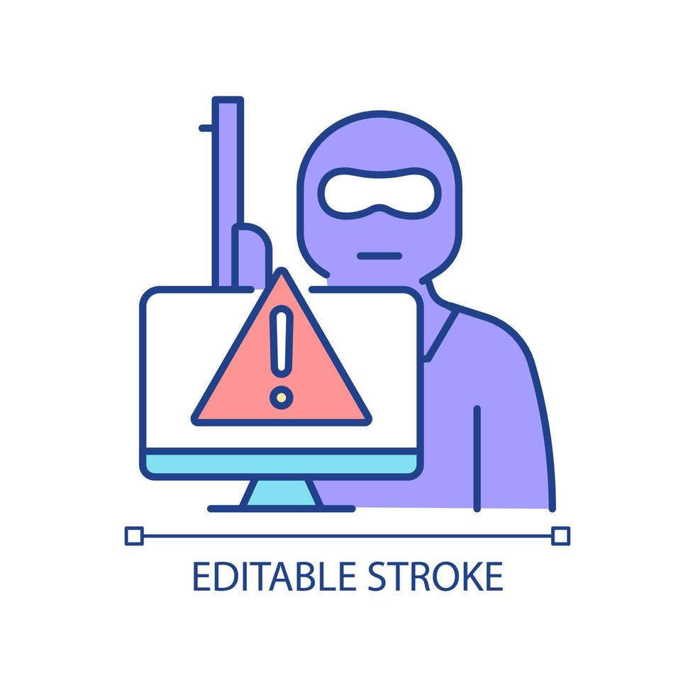 Cyberterrorism RGB color icon. Illegal cyber attack. Coercion and intimidation. Political and social aims. Isolated vector illustration. Simple filled line drawing. Editable stroke. Arial font used