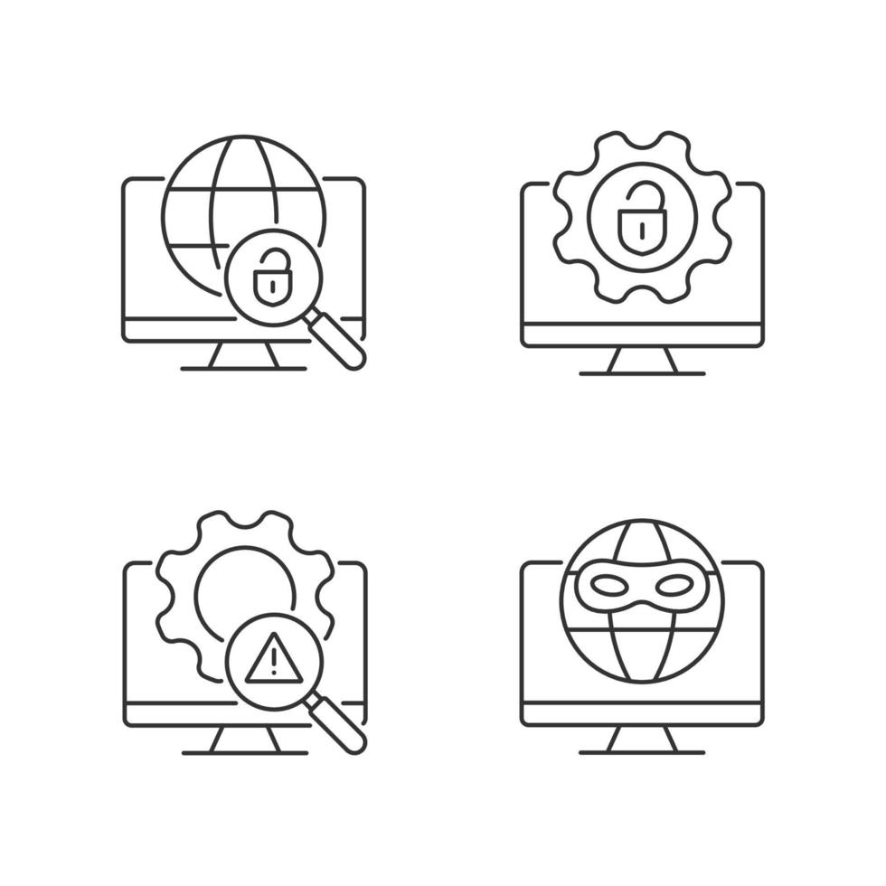 Illegal activities detection linear icons set. Jailbreak and darknet. Cyber security. Malicious software. Customizable thin line contour symbols. Isolated vector outline illustrations. Editable stroke