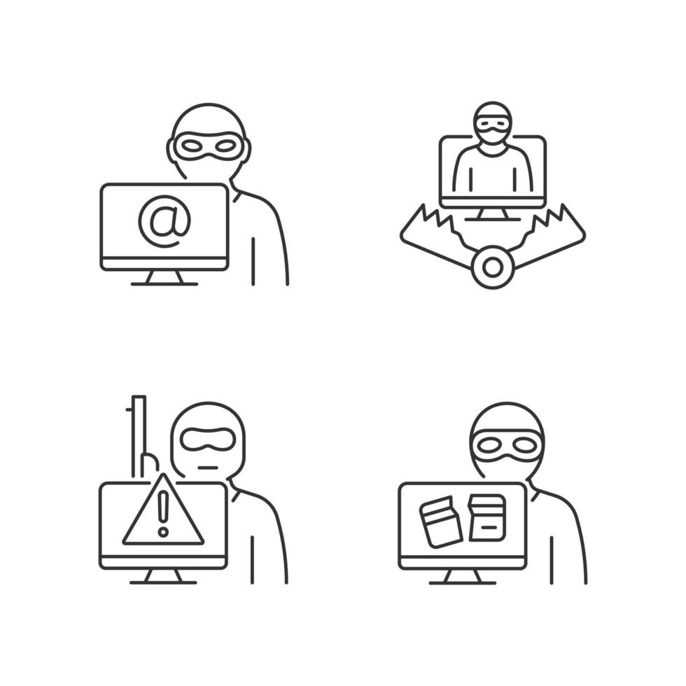 Cyber attacker linear icons set. Cyberterrorism. Cybercriminal trap. Computer disruption. Customizable thin line contour symbols. Isolated vector outline illustrations. Editable stroke