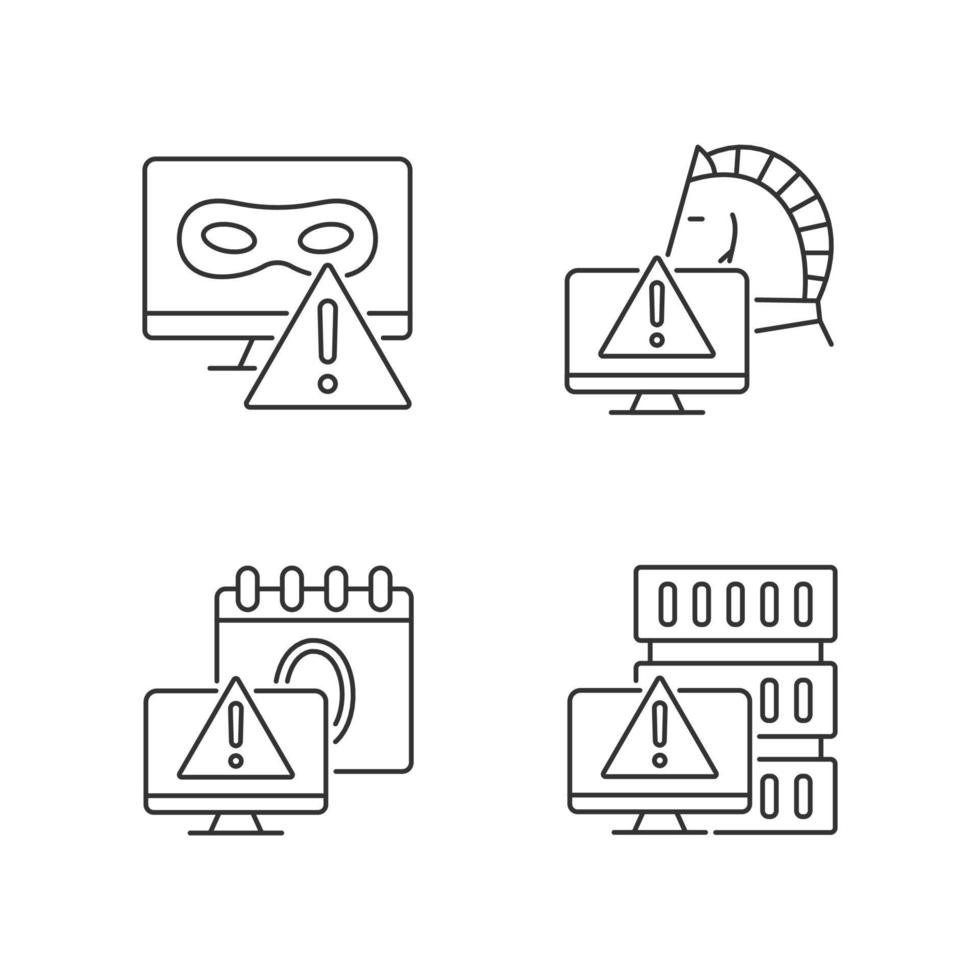 Computer system attacks linear icons set. Trojan horse and rootkit. Computer network disruption. Customizable thin line contour symbols. Isolated vector outline illustrations. Editable stroke