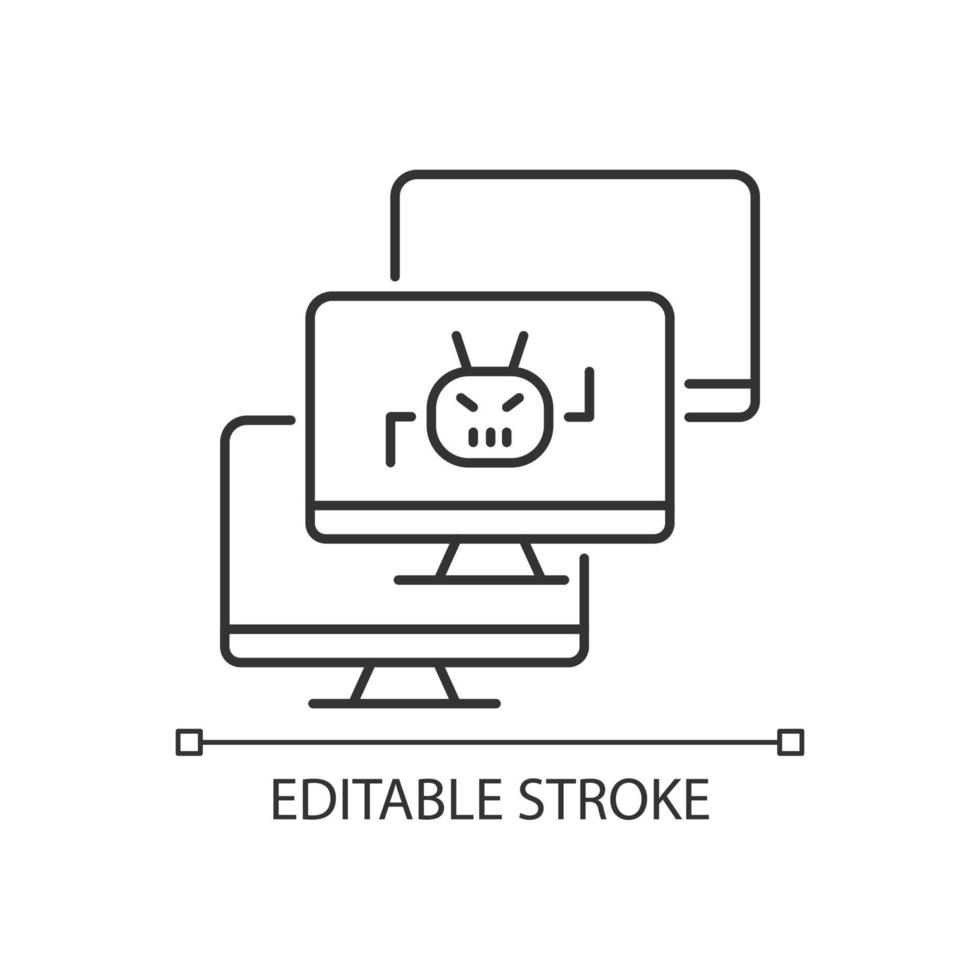Botnet linear icon. Internet connected devices. DDoS cyberattack. Thin line customizable illustration. Contour symbol. Vector isolated outline drawing. Editable stroke. Arial font used