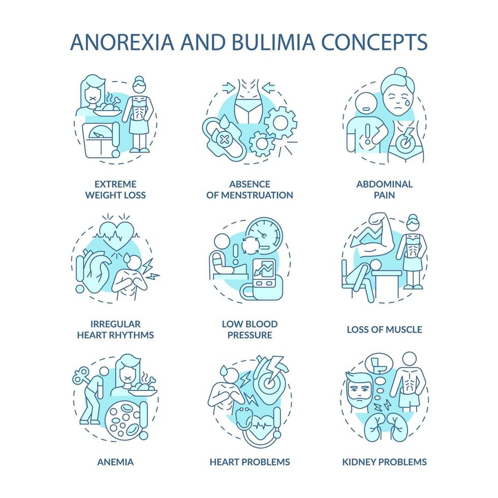 Anorexia and bulimia nervosa turquoise concept icons set. Eating disorders idea thin line color illustrations. Isolated outline drawings. Editable stroke. Roboto-Medium, Myriad Pro-Bold fonts used vector