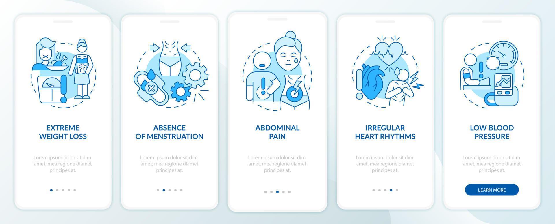 Anorexia symptoms blue onboarding mobile app screen. Abdominal pain walkthrough 5 steps graphic instructions pages with linear concepts. UI, UX, GUI template. Myriad Pro-Bold, Regular fonts used vector