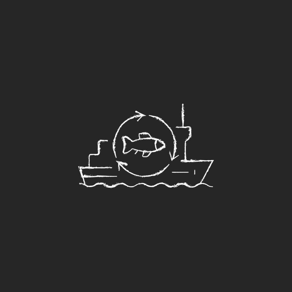 Fish processing vessel chalk white icon on dark background. Large factory ship. Equipped fishery trawler. Fish freezing and sterilization. Isolated vector chalkboard illustration on black