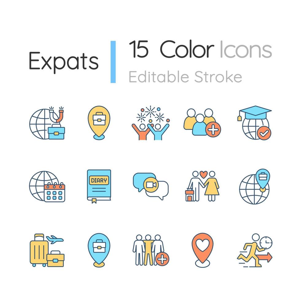 Expats RGB color icons set. Moving and relocate abroad. Migration to foreign country. Work travel. Isolated vector illustrations. Simple filled line drawings collection. Editable stroke