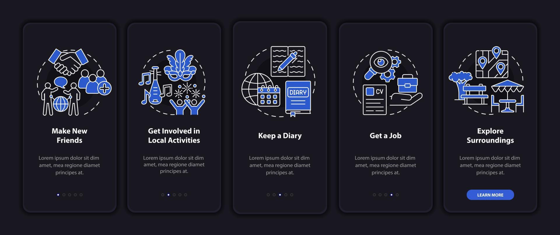 Adjusting to living abroad dark onboarding mobile app page screen. Walkthrough 5 steps graphic instructions with concepts. UI, UX, GUI vector template with linear night mode illustrations