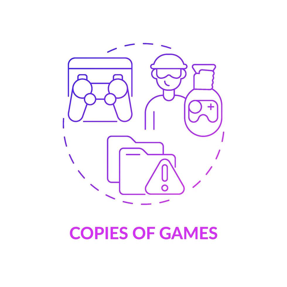 Copies of games purple gradient concept icon. Illegal duplication abstract idea thin line illustration. Video game piracy. Illegally download content. Vector isolated outline color drawing