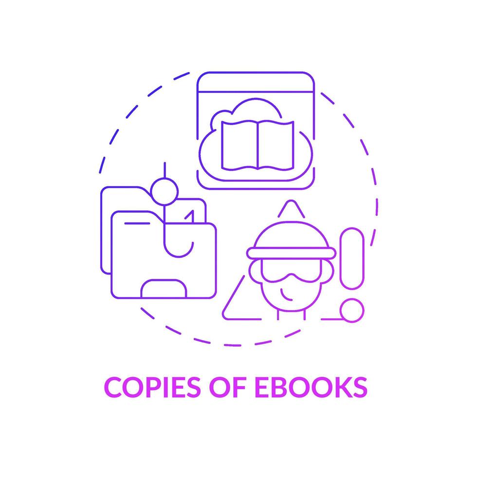 Copies of ebooks purple gradient concept icon. Copyright infringement abstract idea thin line illustration. Illegally copied content. Unauthorized versions. Vector isolated outline color drawing