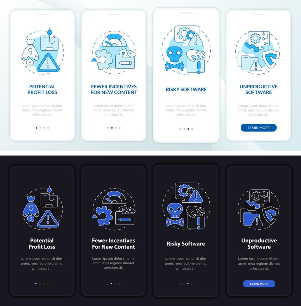 Cons of online piracy onboarding mobile app page screen. Profit loss walkthrough 4 steps graphic instructions with concepts. UI, UX, GUI vector template with linear night and day mode illustrations
