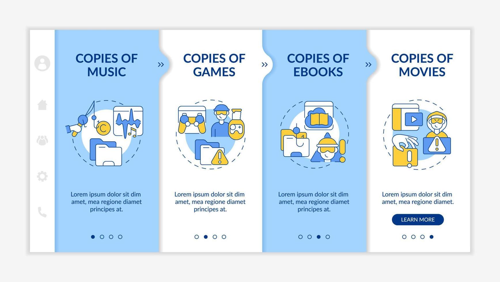 Unlawful copying onboarding vector template. Responsive mobile website with icons. Web page walkthrough 4 step screens. Copies of ebooks and movies color concept with linear illustrations