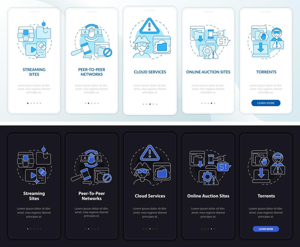 Fuentes de piratería en la pantalla de la página de la aplicación móvil. tutorial de sitios de transmisión instrucciones gráficas de 5 pasos con conceptos. ui, ux, plantilla vectorial gui con ilustraciones lineales en modo día y noche vector