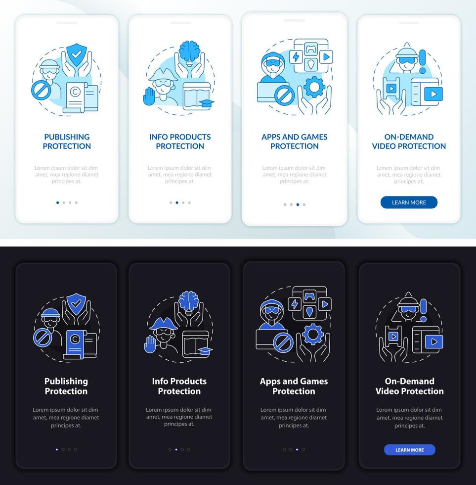 pantalla de la página de la aplicación móvil de incorporación de protección de derechos de autor. tutorial de aplicaciones y juegos instrucciones gráficas de 4 pasos con conceptos. ui, ux, plantilla vectorial gui con ilustraciones lineales en modo día y noche vector