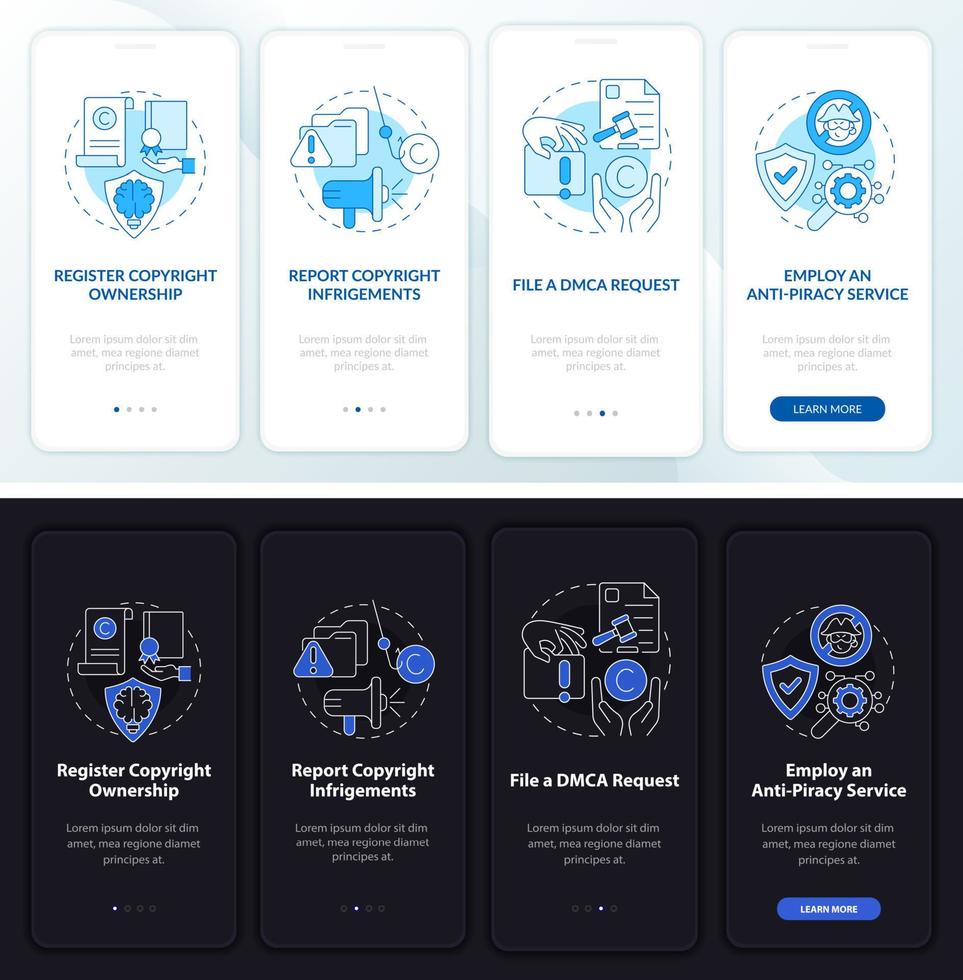 Piracy prevention onboarding mobile app page screen. Register ownership walkthrough 4 steps graphic instructions with concepts. UI, UX, GUI vector template with linear night and day mode illustrations
