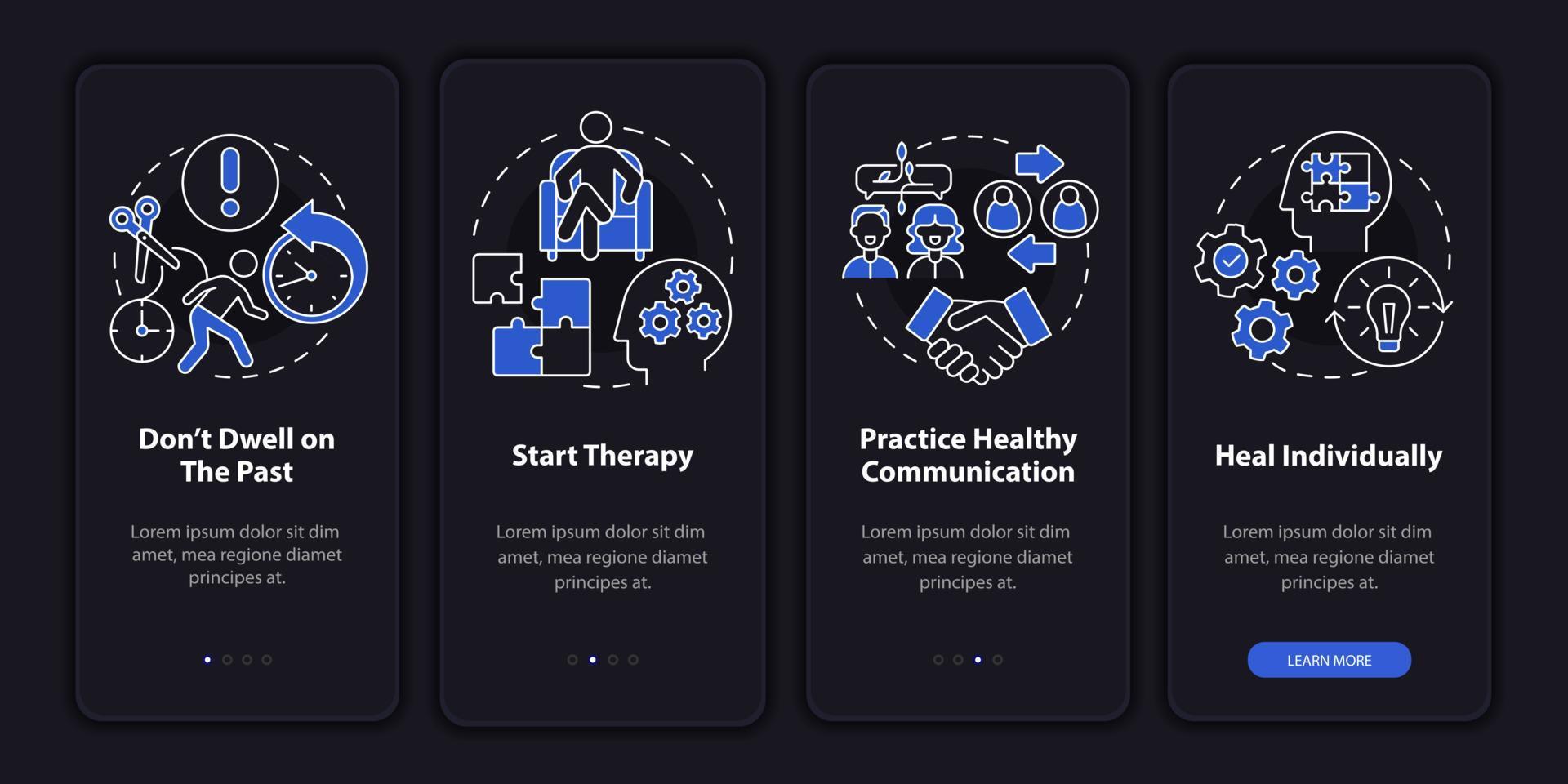 Emotional state improve onboarding mobile app page screen. Therapy start walkthrough 4 steps graphic instructions with concepts. UI, UX, GUI vector template with linear night mode illustrations