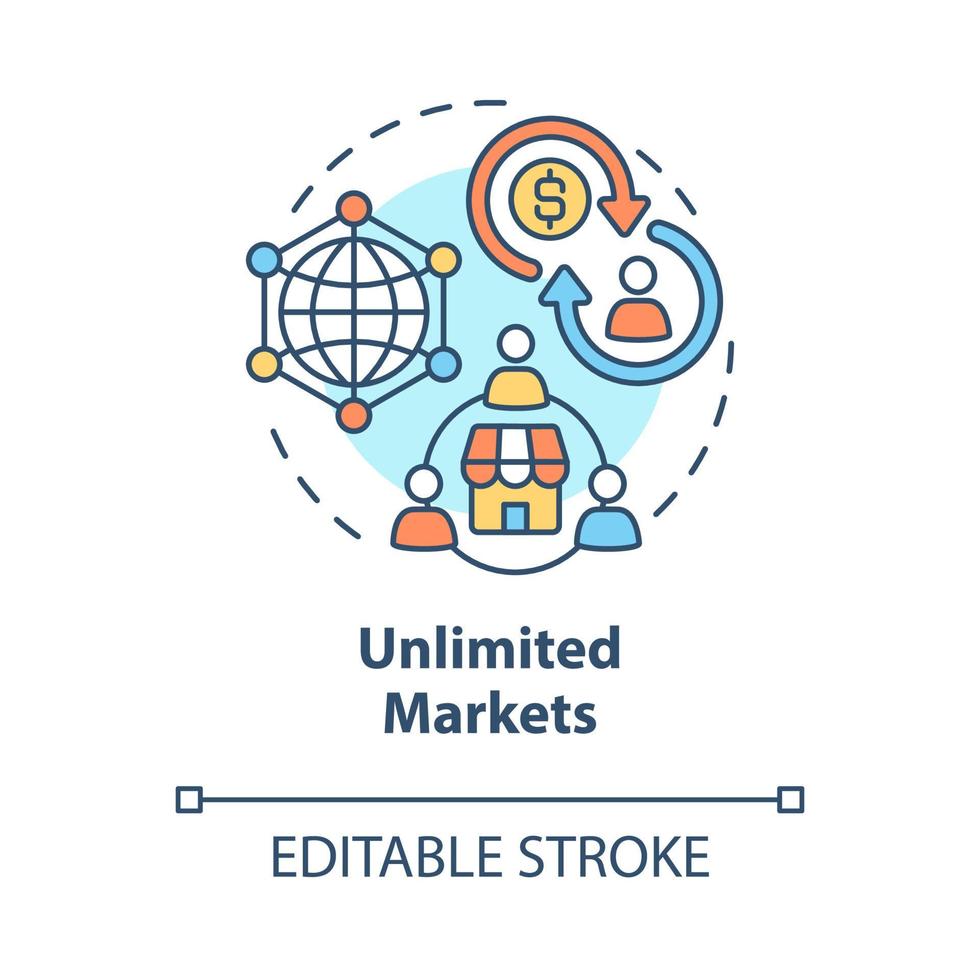 Unlimited markets concept icon. Online entrepreneurship benefit abstract idea thin line illustration. Access to profitable niches on Internet. Vector isolated outline color drawing. Editable stroke
