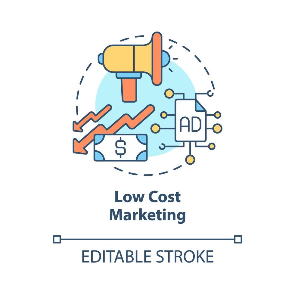 icono de concepto de marketing de bajo costo. el espíritu empresarial en línea beneficia la idea abstracta ilustración de línea delgada. planificación del presupuesto de marketing. administrar los costos. dibujo de color de contorno aislado vectorial. trazo editable vector