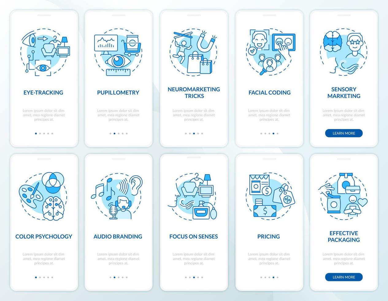 pantalla de la página de la aplicación móvil de incorporación de neurociencia de marketing. tutorial de psicología del consumidor 5 pasos instrucciones gráficas con conceptos. ui, ux, plantilla vectorial gui con ilustraciones en color lineal vector