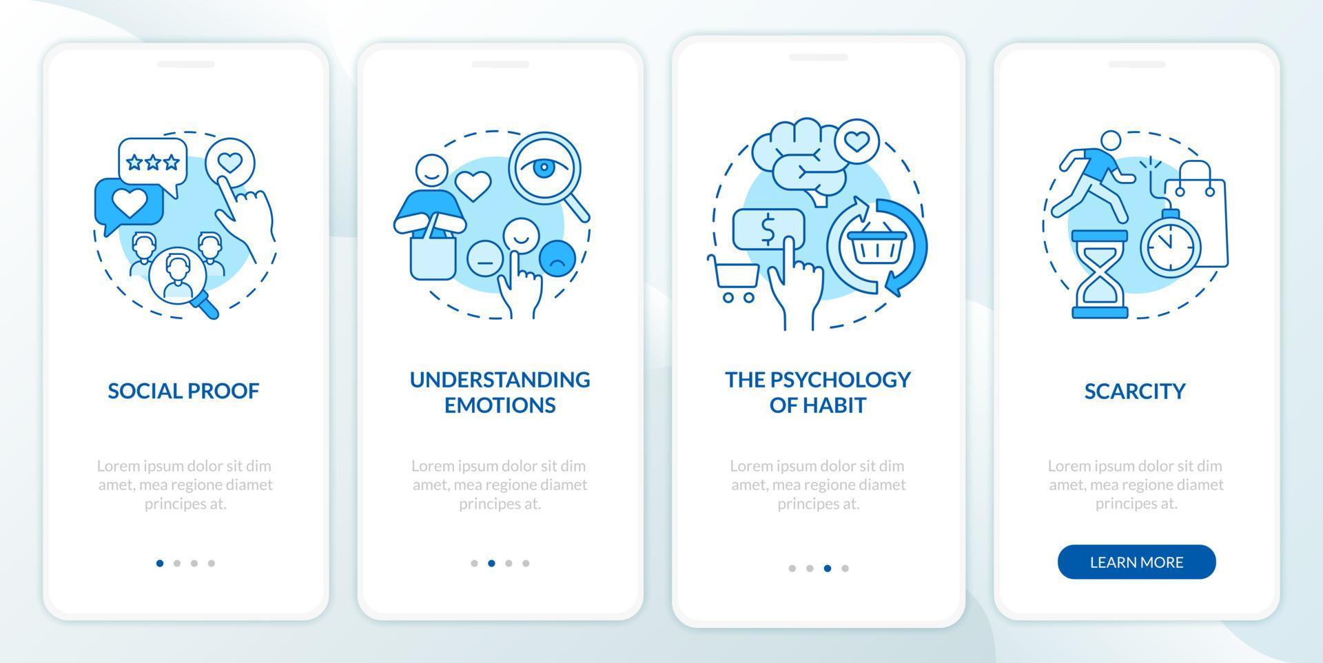 Neuroscience rules onboarding mobile app page screen. Consumer emotions research walkthrough 4 steps graphic instructions with concepts. UI, UX, GUI vector template with linear color illustrations