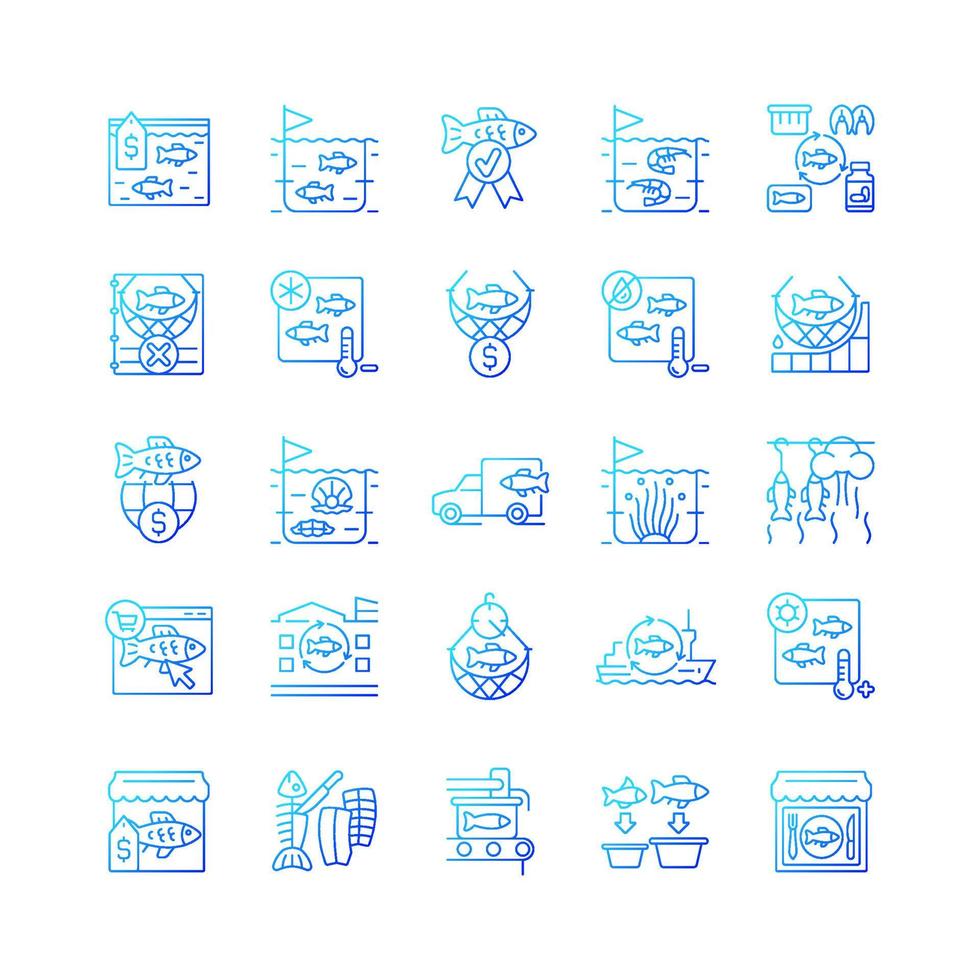 Fishing industry gradient linear vector icons set. Catching and preparing seafood. Processing and farming. Canning plant. Thin line contour symbols bundle. Isolated outline illustrations collection