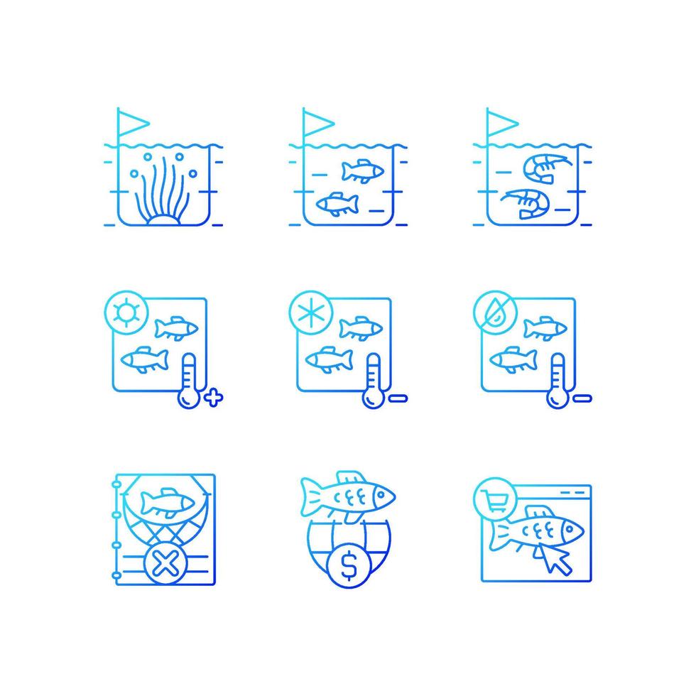 Fish product farming and storing gradient linear vector icons set. Sterilization and preservation. Commercial fishery. Thin line contour symbols bundle. Isolated outline illustrations collection
