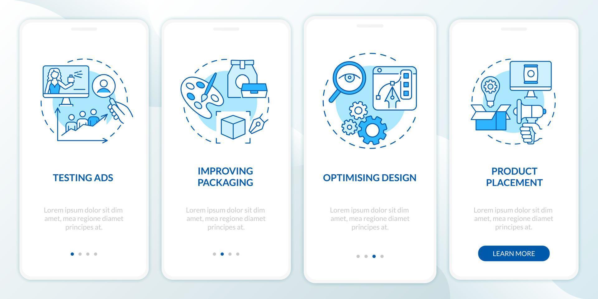 uso de la pantalla de la página de la aplicación móvil de incorporación de neurociencia. tutorial de publicidad de colocación de productos instrucciones gráficas de 4 pasos con conceptos. ui, ux, plantilla vectorial gui con ilustraciones en color lineal vector