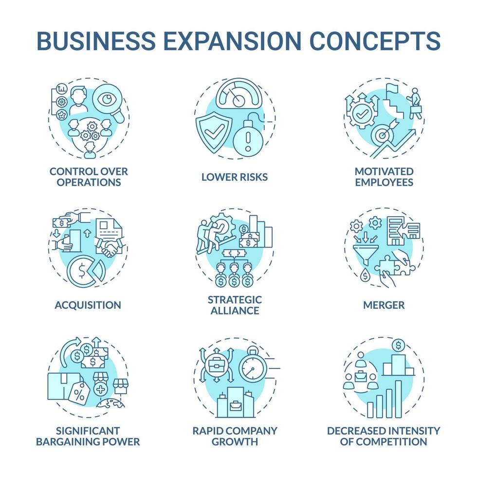 conjunto de iconos de concepto azul de expansión empresarial. idea de crecimiento y desarrollo de la empresa ilustraciones en color de línea delgada. fusión, adquisición. competencia en el mercado. dibujos de contorno aislados vectoriales. trazo editable vector