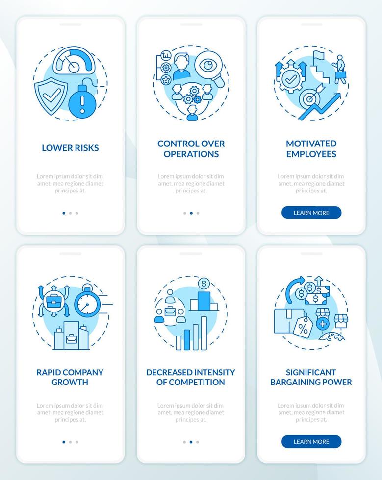 conjunto de pantalla de la página de la aplicación móvil de incorporación azul de expansión empresarial. Recorrido interno y externo Instrucciones gráficas de 3 pasos con conceptos. ui, ux, plantilla vectorial gui con ilustraciones en color lineal vector