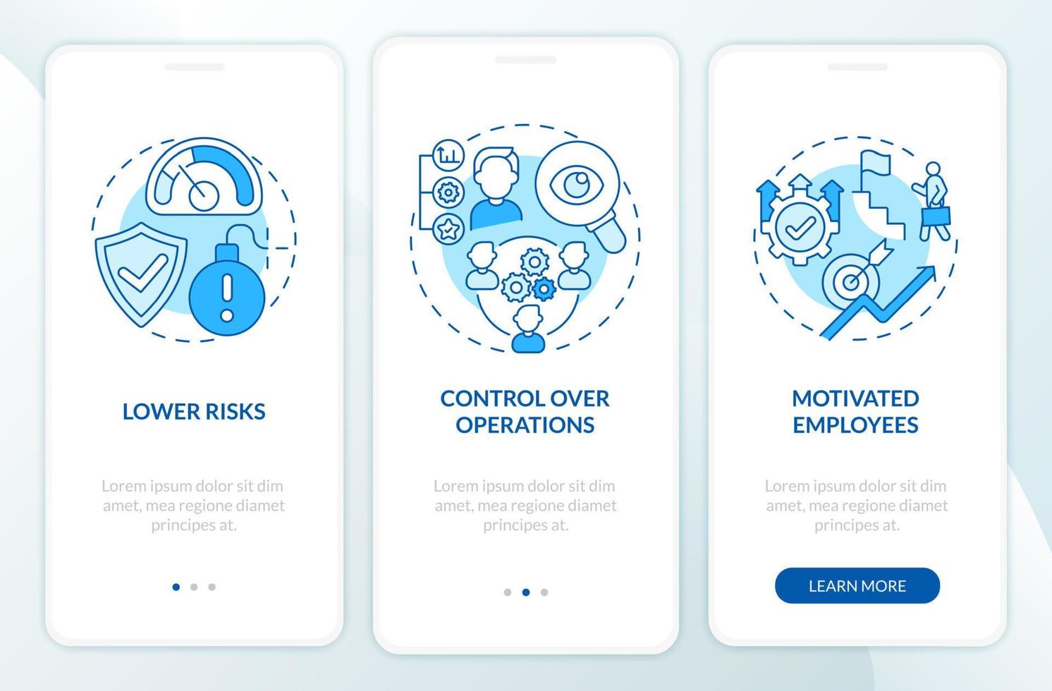 Internal growth advantages blue onboarding mobile app page screen. Business expand walkthrough 3 steps graphic instructions with concepts. UI, UX, GUI vector template with linear color illustrations