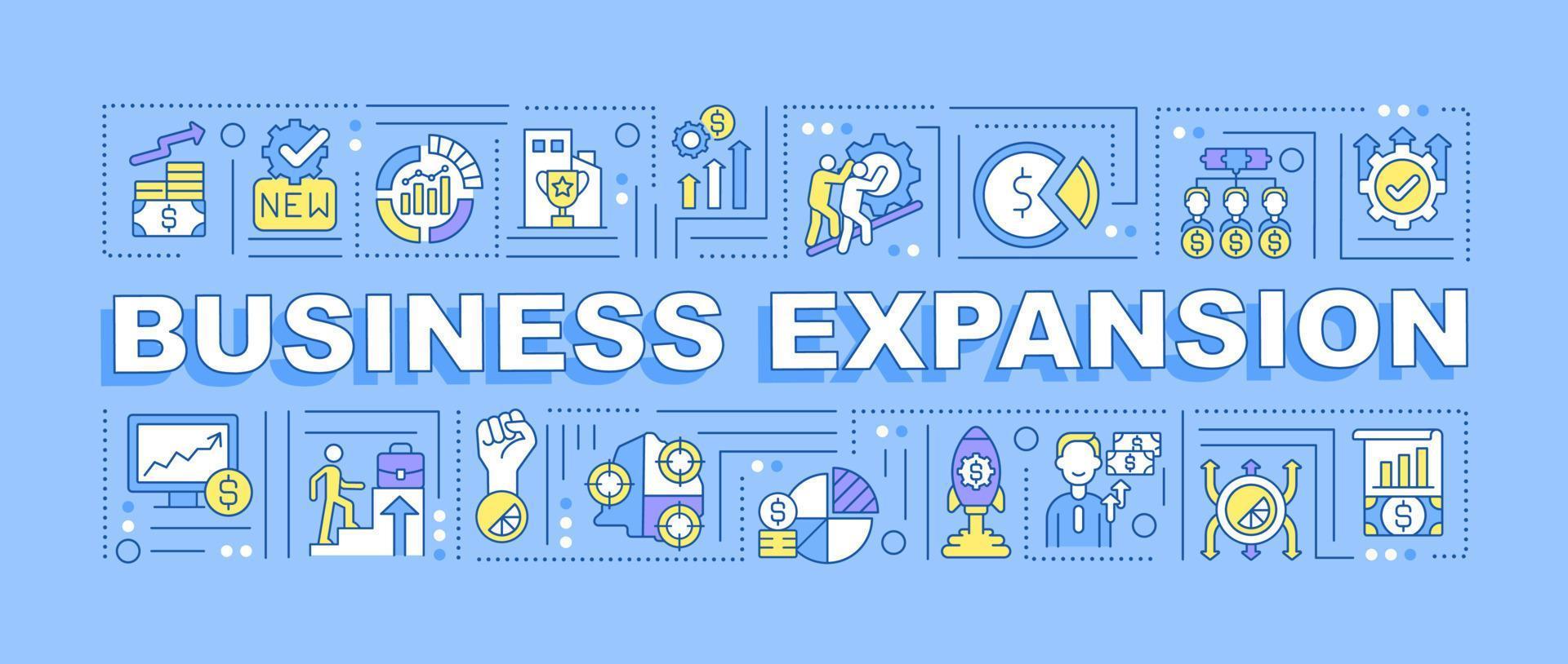 Business expansion word concepts banner. Company financial growth. Infographics with linear icons on blue background. Isolated creative typography. Vector outline color illustration with text