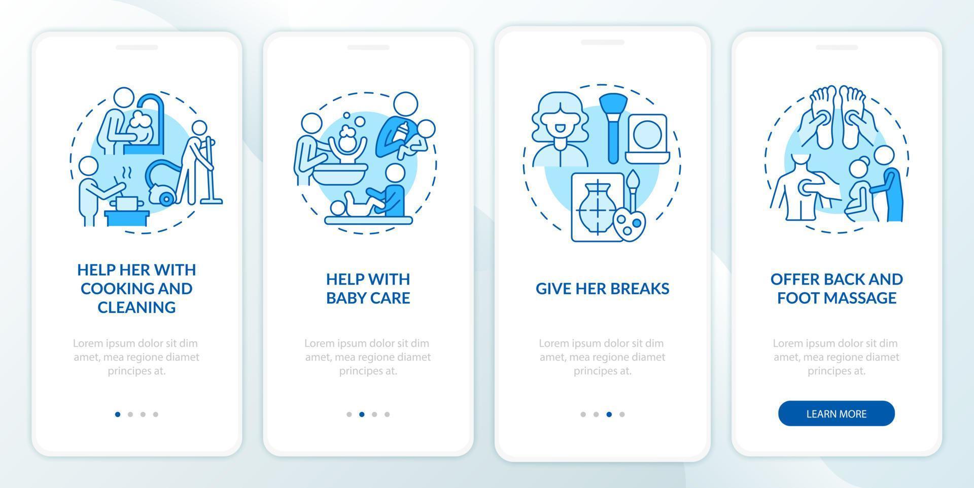 Supporting pregnant partner onboarding mobile app page screen. Help with cooking walkthrough 4 steps graphic instructions with concepts. UI, UX, GUI vector template with linear color illustrations