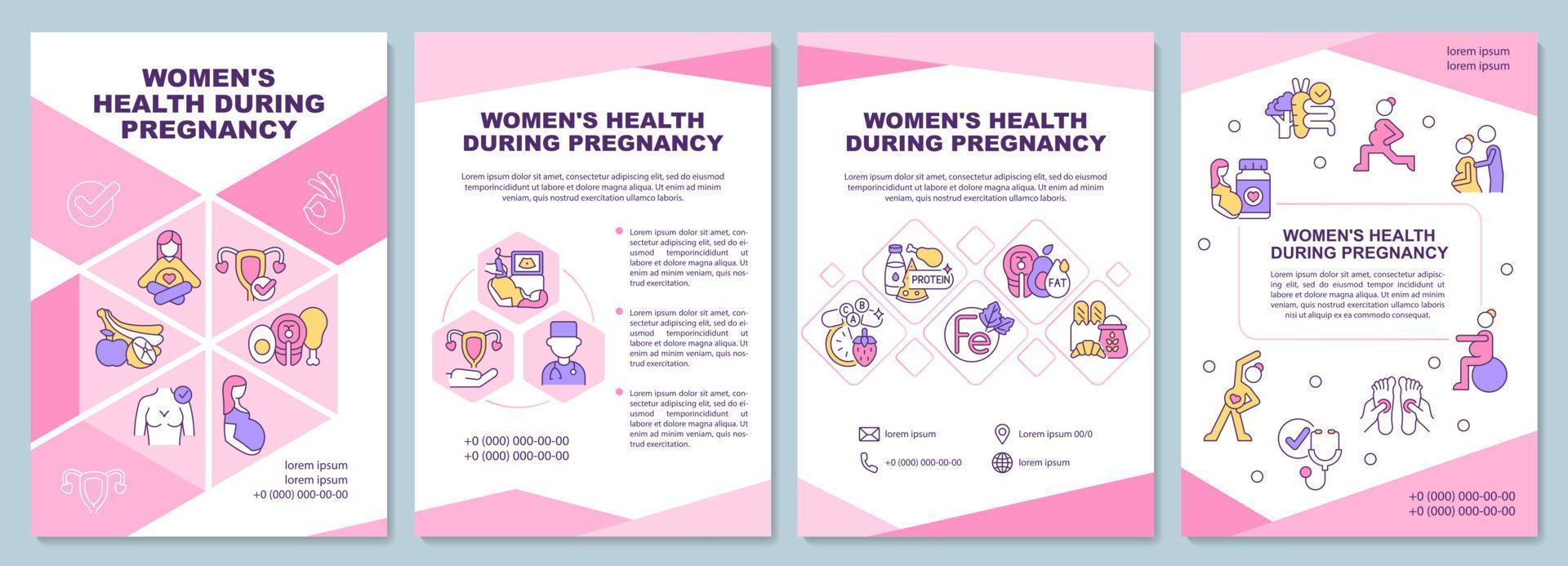 Plantilla de folleto sobre la salud de la mujer durante el embarazo. ejercicios y dieta. folleto, folleto, impresión de folleto, diseño de portada con iconos lineales. diseños vectoriales para presentaciones, informes anuales, páginas de publicidad vector