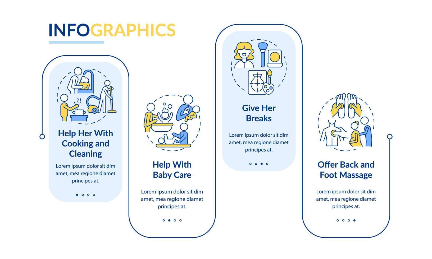 Supporting pregnant partner vector infographic template. Give breaks presentation outline design elements. Data visualization with 4 steps. Process timeline info chart. Workflow layout with line icons