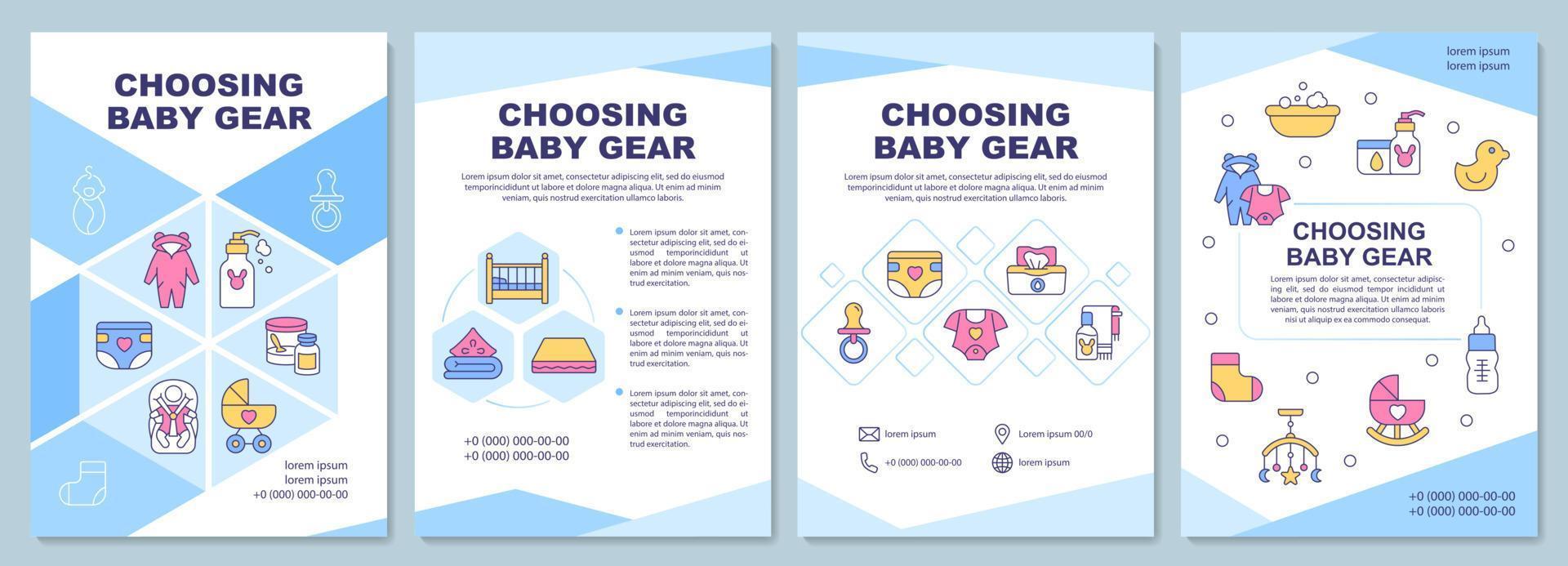 Choosing baby gear brochure template. Select safe products. Flyer, booklet, leaflet print, cover design with linear icons. Vector layouts for presentation, annual reports, advertisement pages