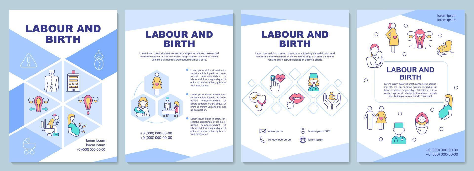 Labour and birth brochure template. Cervix dilation. Flyer, booklet, leaflet print, cover design with linear icons. Vector layouts for presentation, annual reports, advertisement pages
