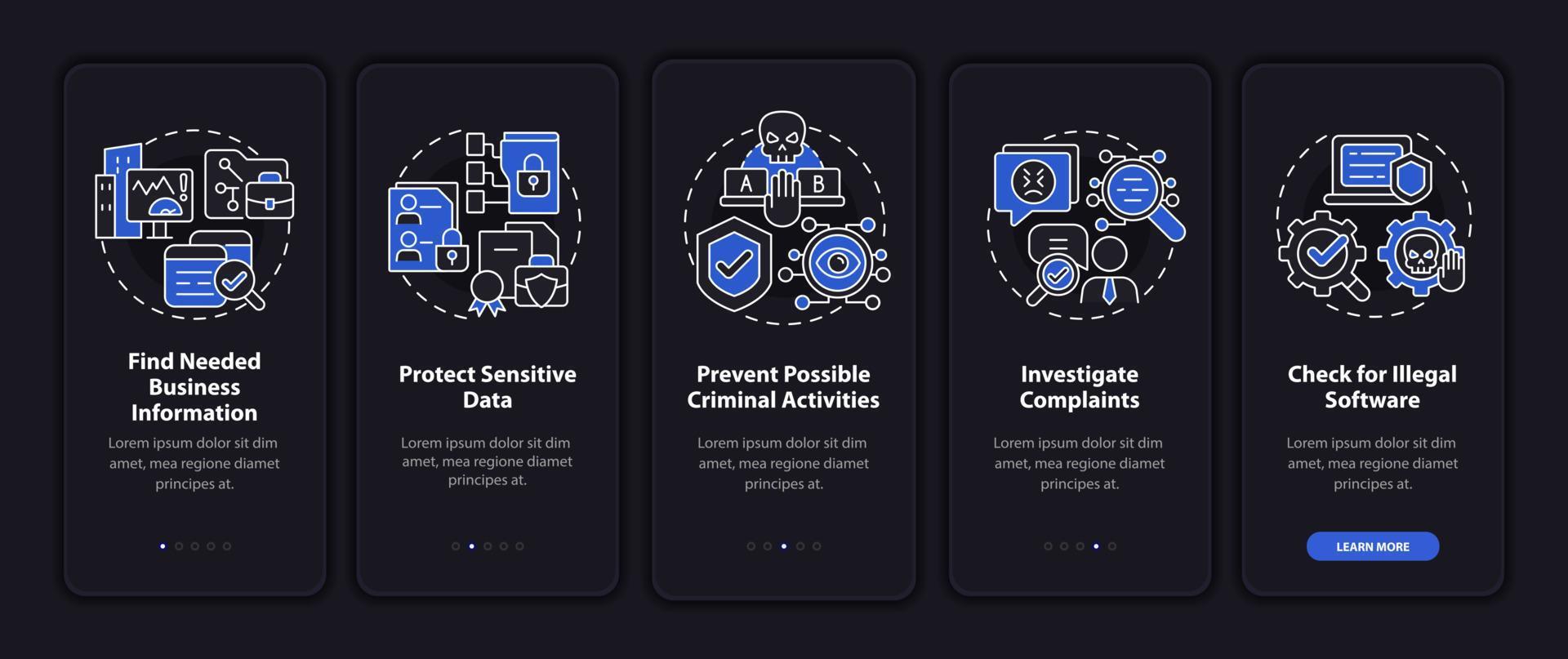 Surveillance legal uses dark onboarding mobile app page screen. Work control walkthrough 5 steps graphic instructions with concepts. UI, UX, GUI vector template with night mode illustrations