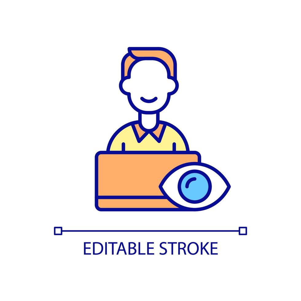 Monitoring work at computer RGB color icon. Employee productivity tracking. Human resources. Work and business management. Isolated vector illustration. Simple filled line drawing. Editable stroke