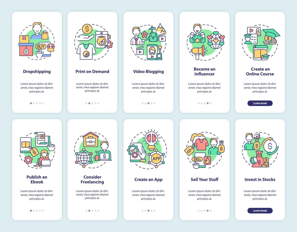 Making money online onboarding mobile app page screen set. Dropshipping and blogging walkthrough 5 steps graphic instructions with concepts. UI, UX, GUI vector template with linear color illustrations