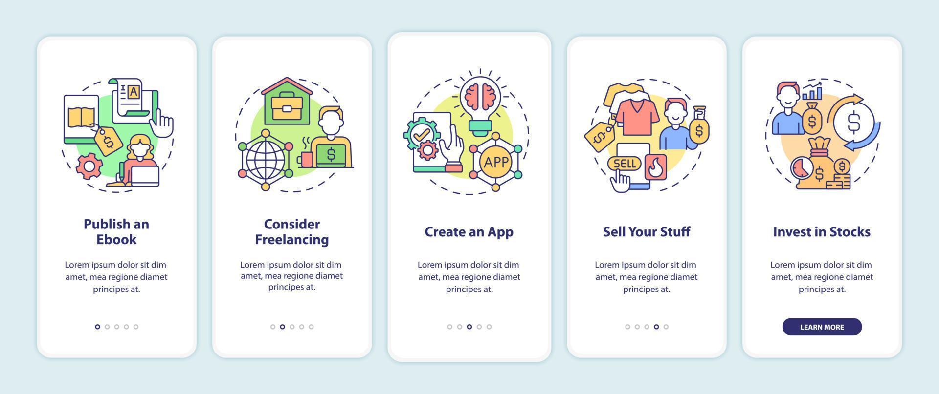 Methods to make money online onboarding mobile app page screen. Publish ebook walkthrough 5 steps graphic instructions with concepts. UI, UX, GUI vector template with linear color illustrations