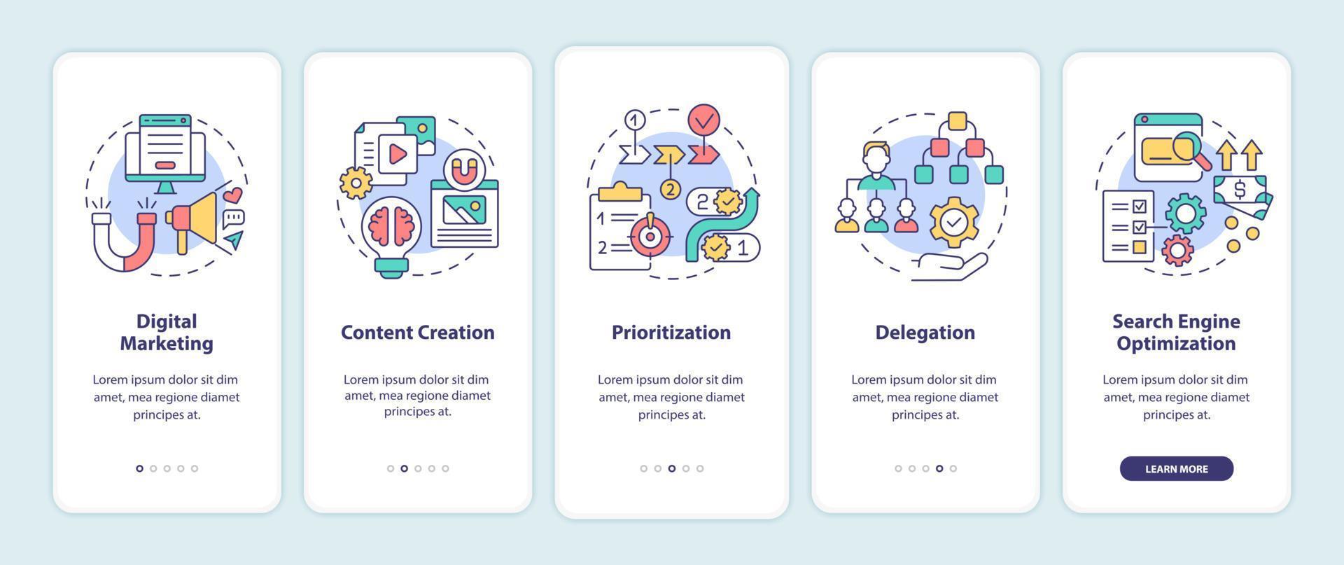 Online entrepreneur skills onboarding mobile app page screen. Digital marketing walkthrough 5 steps graphic instructions with concepts. UI, UX, GUI vector template with linear color illustrations