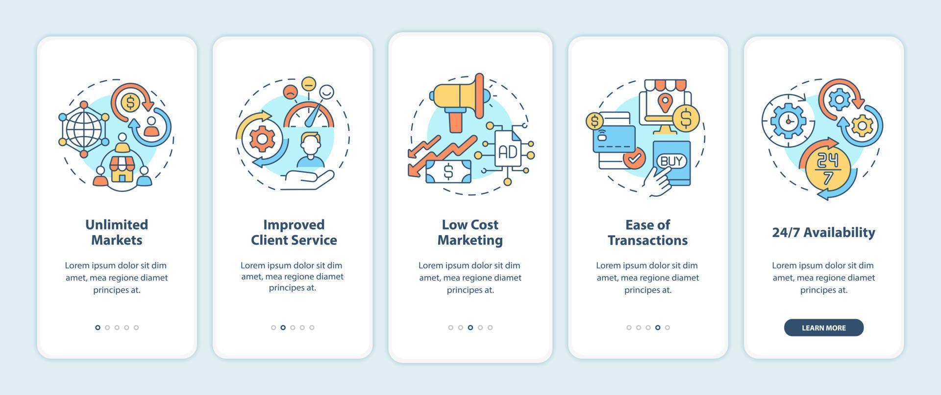 Benefits of online entrepreneurship onboarding mobile app page screen. Availability walkthrough 5 steps graphic instructions with concepts. UI, UX, GUI vector template with linear color illustrations