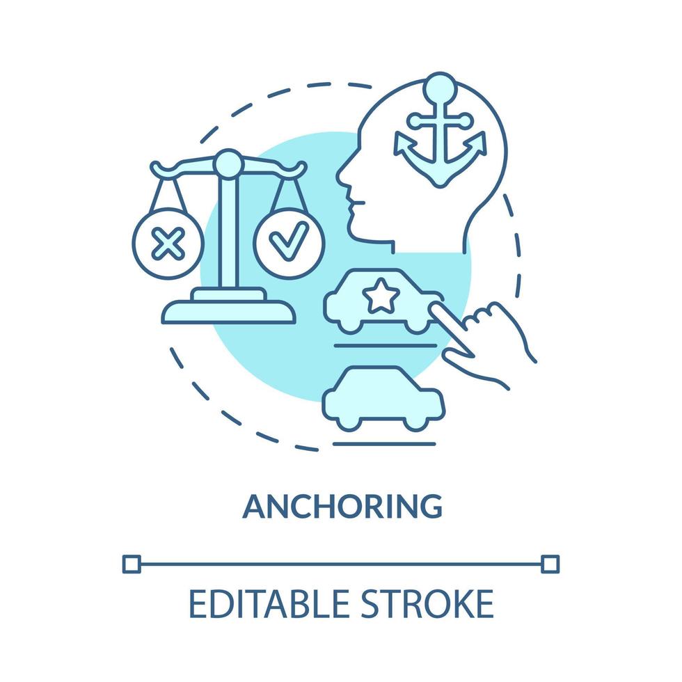 Anchoring bias concept icon. Decision making influence. Customer irrational behavior. Neuromarketing trick abstract idea thin line illustration. Vector isolated outline color drawing. Editable stroke