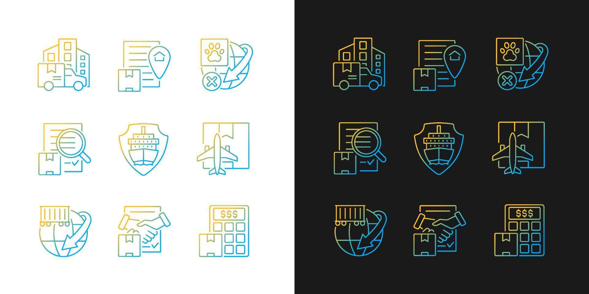 International logistics gradient icons set for dark and light mode. Global transportation. Thin line contour symbols bundle. Isolated vector outline illustrations collection on black and white