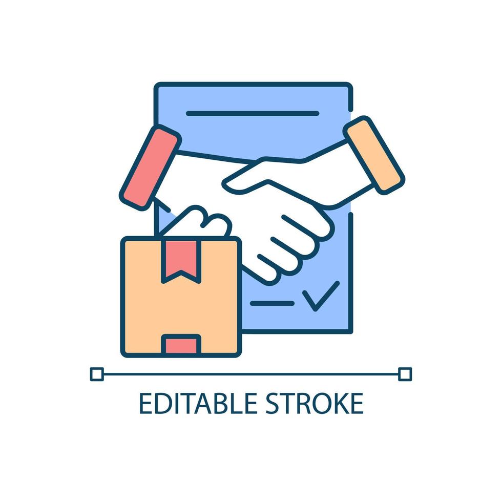 Shipment contract RGB color icon. International trade agreement, business and partnership. Cargo delivering service. Isolated vector illustration. Simple filled line drawing. Editable stroke
