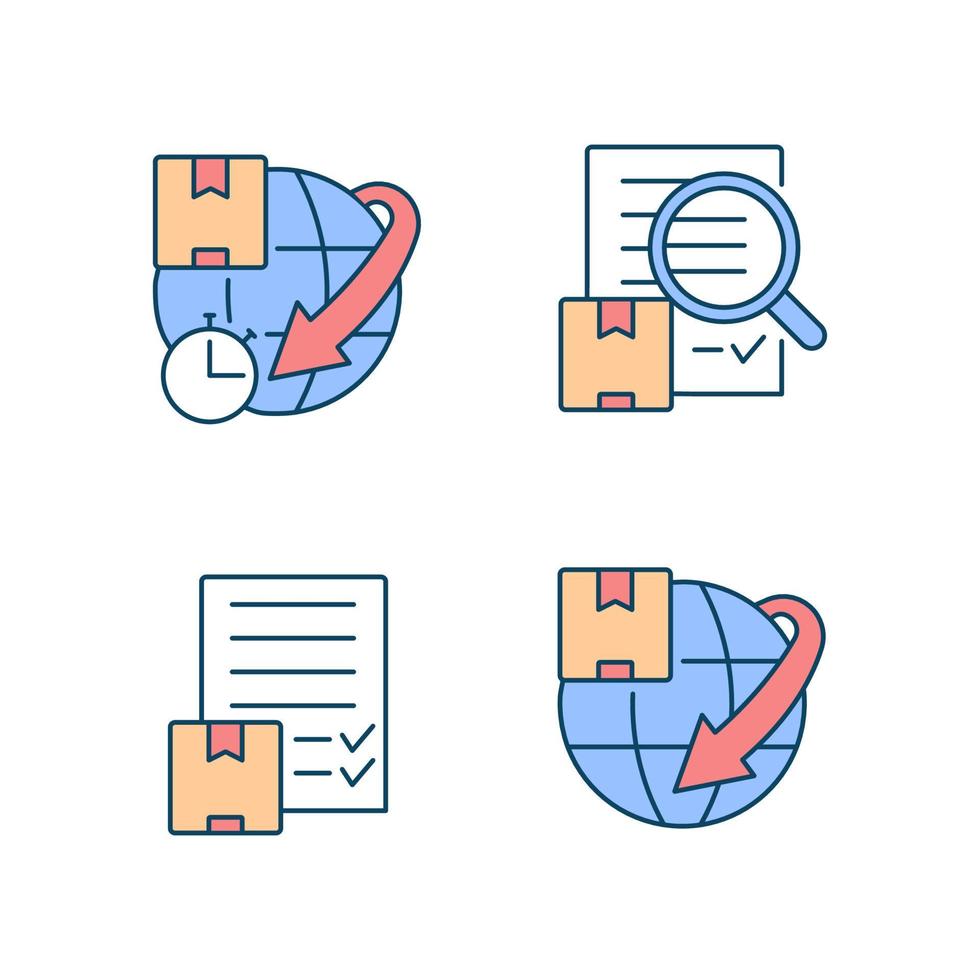 International delivery professional service RGB color icons set. Expedited parcels worldwide. Global logistic business. Isolated vector illustrations. Simple filled line drawings collection