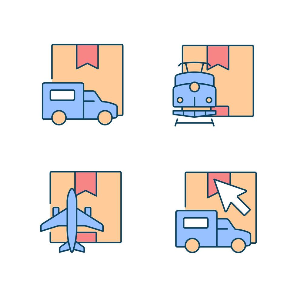 conjunto de iconos de color rgb de tipos de transporte de envío internacional. solicitud de entrega en línea. tecnología moderna de envío de carga. ilustraciones vectoriales aisladas. colección de dibujos de líneas rellenas simples vector