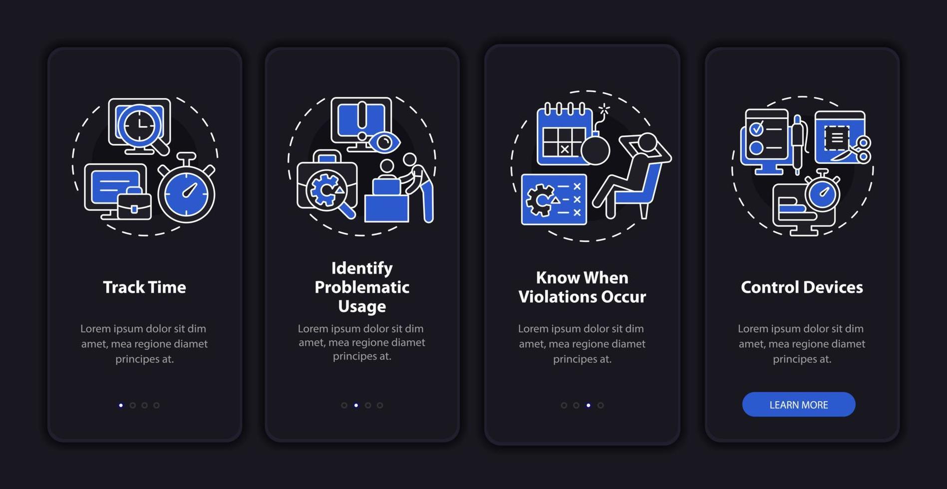 Benefits of employee monitoring dark onboarding mobile app page screen. Work tracking walkthrough 4 steps graphic instructions with concepts. UI, UX, GUI vector template with night mode illustrations