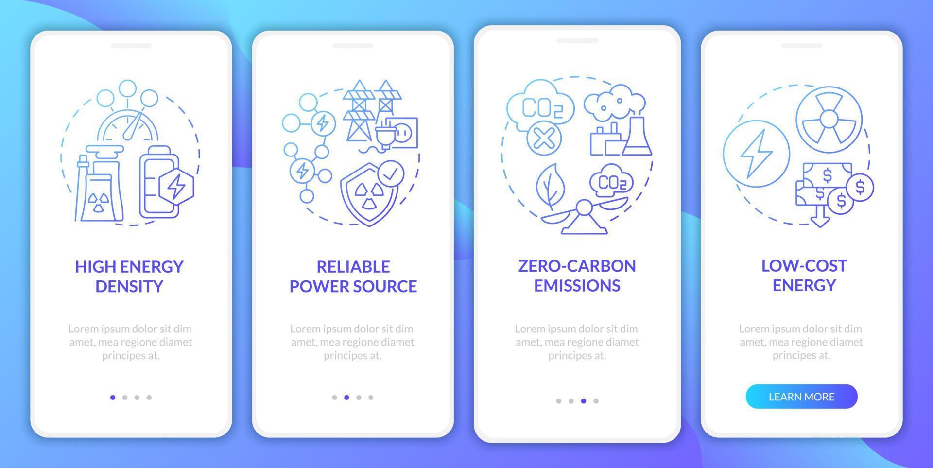 Beneficios de la energía nuclear al incorporar la pantalla de la página de la aplicación móvil. Instrucciones gráficas de 4 pasos con cero emisiones de carbono con conceptos. ui, ux, plantilla vectorial gui con ilustraciones en color lineal vector