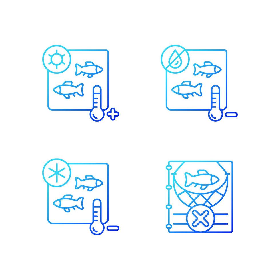 conjunto de iconos vectoriales lineales de gradiente de esterilización de productos pesqueros. tratamiento térmico y liofilización. procesamiento comercial. paquete de símbolos de contorno de línea delgada. colección de ilustraciones de contorno aislado vector